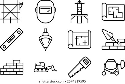 Conjunto de iconos de línea de herramientas de construcción y equipos de seguridad para trabajos de construcción, ingeniería y reparación
