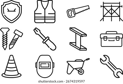 Conjunto de iconos de línea de herramientas de construcción y equipos de seguridad para trabajos de construcción, ingeniería y reparación