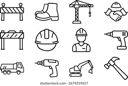 Bauwerkzeuge und Sicherheitsausrüstung Line Icons Set für Bau-, Ingenieur- und Reparaturarbeiten