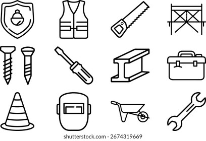 Construction Tools and Safety Equipment Line Icons Set for Building, Engineering and Repair Work