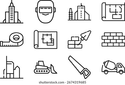 Conjunto de iconos de línea de herramientas de construcción y equipos de seguridad para trabajos de construcción, ingeniería y reparación