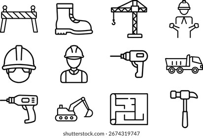 Ferramentas de construção e equipamentos de segurança Linha Ícones Conjunto para Construção, Engenharia e Reparação