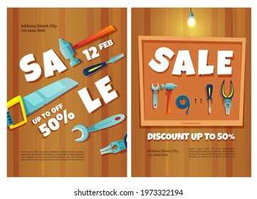 Construction tools sale posters. Hardware shop banners with sale and discount. Vector flyers with cartoon illustration of carpentry work and repair instruments, hammer, saw and spanner on wooden wall