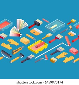 Construction tools seamless pattern. Builder or repair symbols isolated on blue background. Isometric projection. Vector set of hand tools for building or home renovation. Instruments in 3D view.