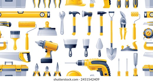 Construction tools seamless pattern. Hammer saw drill pliers background. Hardware, carpentry, repair and mechanic work toolbox pattern. Builder, plumber, handyman equipment. Construction tool seamless