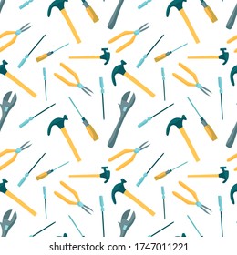 Construction Tools Seamless Pattern With Wrench, Screw Driver, Hammer And Awl. Vector Illustration For Building Company Website Or Advertising Background.