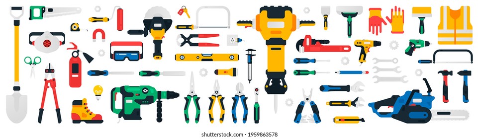 Construction tools set. Collection of tools for repair, construction, finishing work. Work accessories for locksmith, electrician, plumber, builder, carpenter. Isolated vector illustration.