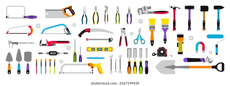 Construction tools set. Collection of tools for repair, construction, finishing work. Work accessories for locksmith, electrician, plumber, builder, carpenter. Isolated vector illustration.