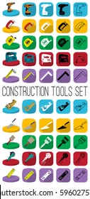 Construction tools set in different style: outline, black and white silhouette, colorful and isometric. Industrial vector instrument icons..