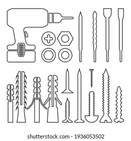 Construction tools and a set of fasteners. Set of screwdrivers and self-tapping screws. Items for construction and carpentry. Vector illustration isolated on a white background for design and web.