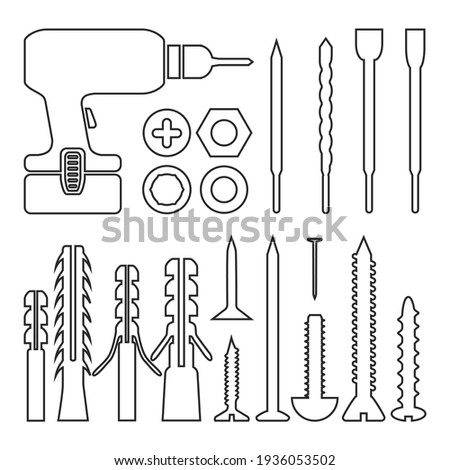 Construction tools and a set of fasteners. Set of screwdrivers and self-tapping screws. Items for construction and carpentry. Vector illustration isolated on a white background for design and web.