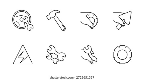Icono de conjunto de construcción y herramientas. Engranaje con la llave, martillo, mano con el engranaje, paleta, advertencia de la electricidad, llaves, símbolo del engranaje, artículos de reparación