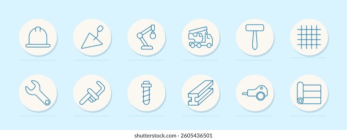 Construction tools set icon. Helmet, trowel, truck, roller, mesh, wrench, clamp, drill, beam, cutter, plan, iron