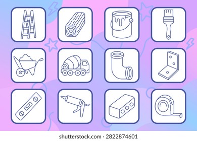Construction tools set icon. Ladder, lumber beam, paint bucket, coating brush, wheelbarrow, mixer truck, pipe fitting, corner bracket, spirit level, sealant gun, fastening block, measuring tape