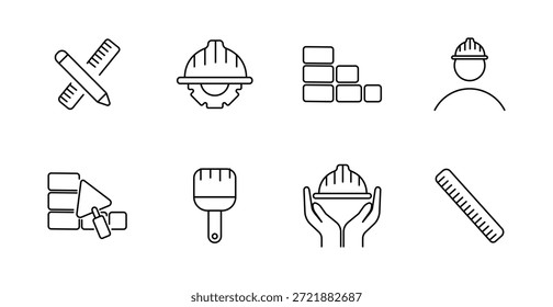 Icono de conjunto de construcción y herramientas. Lápiz con Regla, casco, ladrillos, constructor, paleta, pincel, manos protectoras, Regla de medida