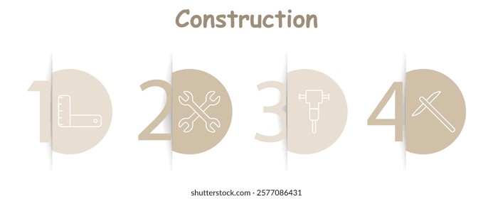 Construction tools set icon Ruler, wrench, jackhammer, pickaxe. Construction, tools, building