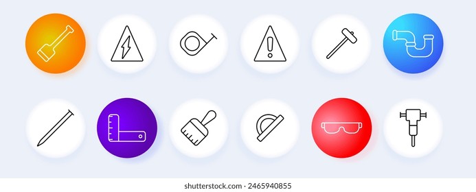 Construction tools set icon. Sledgehammer, high voltage sign, measuring tape, warning sign, hammer, pipe, nail, right angle ruler, paintbrush, protractor, safety goggles, jackhammer. Safety concept.