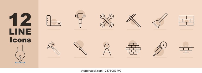 Construction tools set icon. Tape measure, wrench, hazard sign, axe, hammering tool, ruler, bricks, mallet, drill, plunger, trowel, scraper. Highlights repair and building equipment