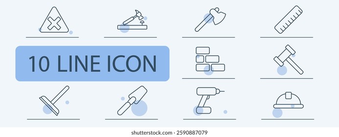 Construction tools set icon. Warning sign, hammering, axe, ruler, bricks, gavel, drill, trowel, helmet, renovation equipment.