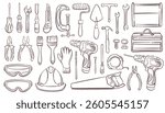 Construction tools set in line art style. Doodle design of wrench, brush, handsaw, hammer and nails. Screw, nut and bolt. Tape measure, screwdriver, goggles, saw, pliers isolated on white background.