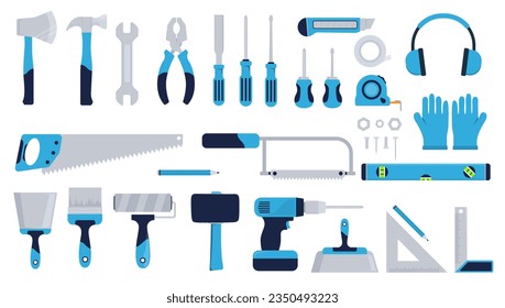 Construction tools set - Vector collection of various hand tool designs, saw, hammer, screwdriver, paintbrush etc. Flat design in blue colours on white background