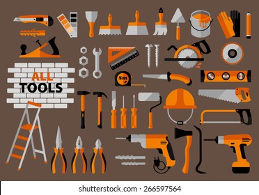 Construction tools set. Vector icons illustration. Flat style.