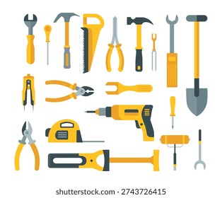 Construction Tools Set Vector Illustration with Hand Tools Equipment Collection for Repair and Maintenance