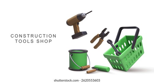 Construction Tools In Shopping Basket With Drill, Pliers, Wrench, Paint Can And Roller, 3D Home Repair And DIY Equipment For Renovation And Building Concepts, Vector Illustration.