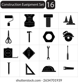 Construction tools silhouette icons set – industrial, equipment, repair symbols and minimalistic vector design