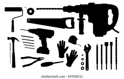 Construction tools silhouettes set: paint roller, insulating tape, hand saw, puncher, drill and bits, hammer, nails, pliers, screwdriver, measuring tape, wrench tools, working gloves