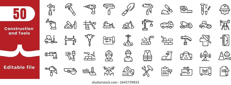 Construção e ferramentas simples linha ícones conjunto. Pixel fino ilustração vetor perfeita Traçado editável. Reparação, Renovação, Ferramentas De Trabalho, Materiais