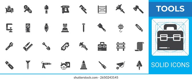 Construction tools solid glyph icon pack. Vector symbols include wrench, screwdriver, saw, pliers, nail, drill, toolbox, cone, ladder, and hammer icons in glyph style.