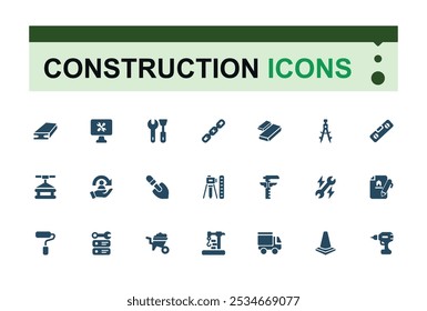 Herramientas de construcción de iconos sólidos de colección. Perfecto para diseños de interfaz de usuario llenos con constructor, construcción, caja de herramientas, herramientas y más. Conjunto de pictograma lleno. Trazo editable.