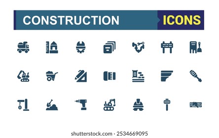 Herramientas de construcción de iconos sólidos de colección. Perfecto para diseños de interfaz de usuario llenos con constructor, construcción, caja de herramientas, herramientas y más. Conjunto de pictograma lleno. Trazo editable.