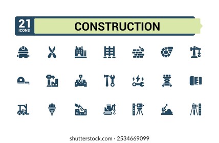 Herramientas de construcción de iconos sólidos de colección. Perfecto para diseños de interfaz de usuario llenos con constructor, construcción, caja de herramientas, herramientas y más. Conjunto de pictograma lleno. Trazo editable.