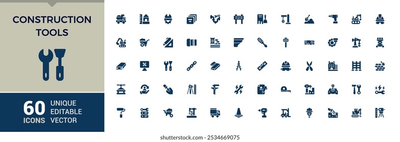 Construction tools solid icons set. Includes filled tools, builder, tool box, construction tools, carpenter, construction and more. Outline symbol collection. Editable vector icon and illustration.