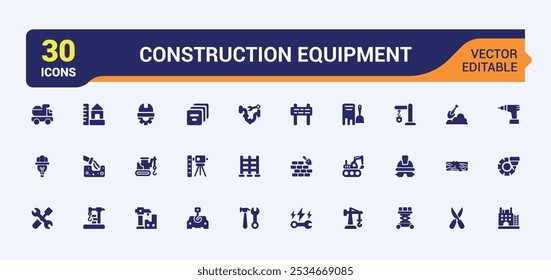 Conjunto de iconos sólidos de herramientas de construcción. Contiene herramientas de construcción, carpintero, constructor, caja de herramientas, construcción, herramientas y más. Perfecto para logotipos e infografías. Signo editable. Ilustración vectorial.