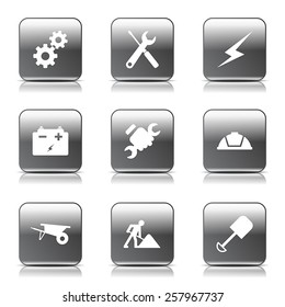 Construction Tools Square Vector Black Button Icon Design Set