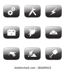 Construction Tools Square Vector Black Button Icon Design Set