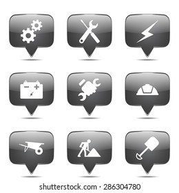 Construction Tools Square Vector Black Button Icon Design Set