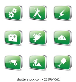 Construction Tools Square Vector Green Icon Design Set