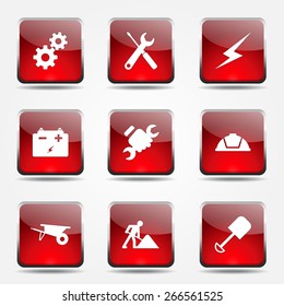 Construction Tools Square Vector Red Icon Design Set