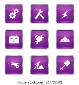 Construction Tools Square Vector Violet Icon Design Set