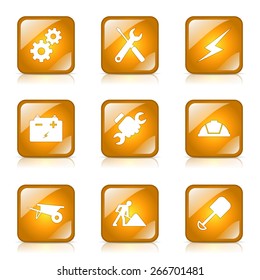 Construction Tools Square Vector Yellow Icon Design Set