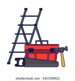 Construction tools stairs and toolbox with hammer and saw vector illustration graphic design