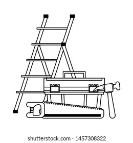 Construction tools stairs and toolbox with hammer and saw vector illustration graphic design