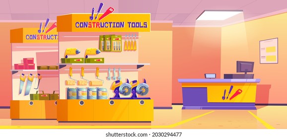 Construction tools store, hardware shop interior with counter desk, stand or showcase presenting production and diy instruments for carpentry and building works on shelves, Cartoon vector illustration