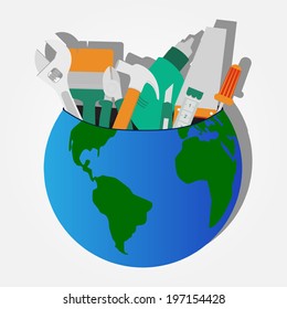 Construction tools stored on the planet: screwdriver, wrench, saw, drill, pliers, hammer, stiletto, tape. Construction tools stored on the planet.