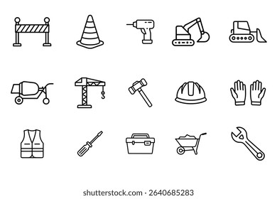 Construction and Tools Stroke Icons – 16 Line Style Vector Symbols