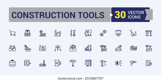 Construction Tools thin line icon set. Featuring tool box, construction, tools, carpenter, construction tools, builder, . Isolated icons design. Editable vector illustration.